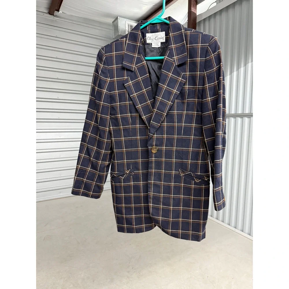 Oleg Cassini Vintage Navy Blue Plaid Wool Blend Blazer Jacket Men Size 40R
